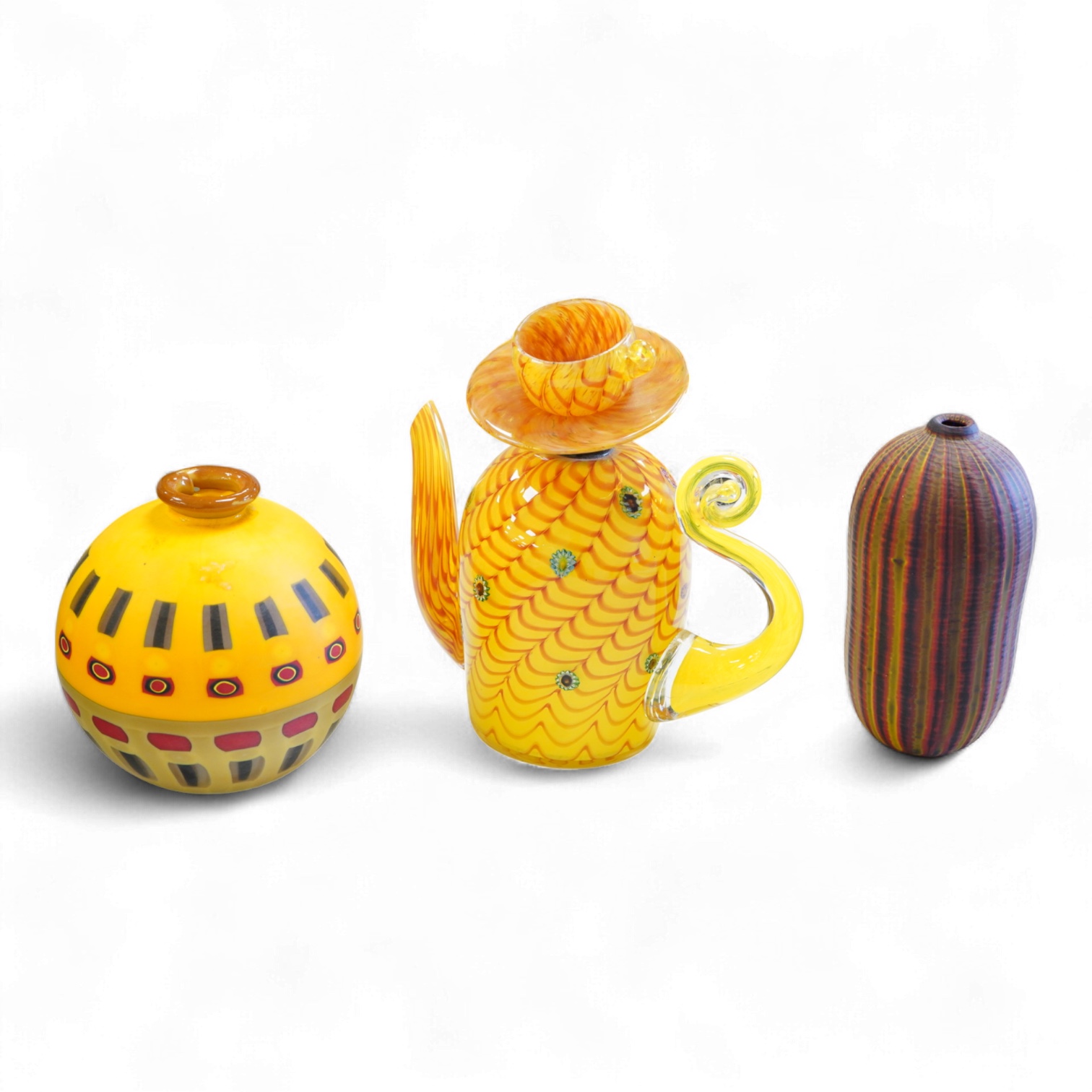 A contemporary glass Kama teapot sculpture - 22cm high and two studio glass vases, one indistinctly signed